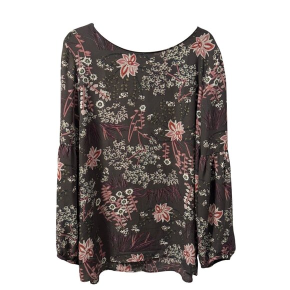 Floral Printed Polyester Blouse Gray Multi With Long Sleeves Sz XL blouse - Picture 1 of 12